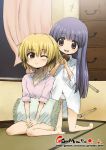  blonde_hair blue_hair furude_rika hair_brushing hairbrushing higurashi_no_naku_koro_ni houjou_satoko jpeg_artifacts onija_taro onija_tarou pajamas pink_eyes purple_eyes violet_eyes 