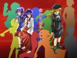  blonde_hair colorful furude_rika gun hanyuu higurashi_no_naku_koro_ni horns japanese_clothes miko multiple_girls purple_hair red_eyes sandals school_uniform takano_miyo weapon 