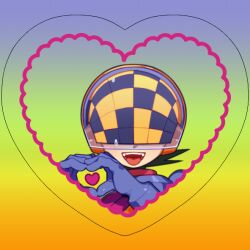  1boy armor blue_armor blue_background close-up covered_eyes double_soul_(mega_man) fangs green_background hair_ornament heart heart_hair_ornament male_focus mega_man_(series) mega_man_battle_network_(series) megaman.exe numberman.exe open_mouth orange_background simple_background smile solo tango_dream tongue tongue_out yellow_background 