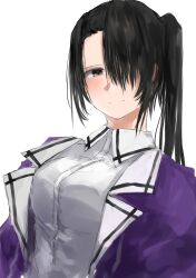  73suke absurdres black_hair brown_eyes collared_shirt dress_shirt hair_over_one_eye highres jacket kantai_collection long_hair nachi_(kancolle) nachi_kai_ni_(kancolle) open_clothes open_jacket purple_jacket shirt side_ponytail simple_background upper_body white_background white_shirt 