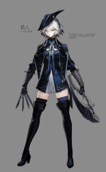  1girl alternate_costume bandaged_arm bandages between_fingers black_boots black_capelet black_gloves black_hat bloodborne blue_eyes blue_shirt blue_skirt blue_theme boots braid buttons capelet chinese_text cleavage_cutout closed_mouth clothing_cutout collared_shirt dot_nose dual_wielding expressionless full_body gloves gothic_lolita grey_background grey_necktie hair_between_eyes hat high_collar high_heel_boots high_heels highres holding holding_knife holding_scythe izayoi_sakuya knife knives_between_fingers kumatangent lace-trimmed_skirt lace_trim layered_skirt lolita_fashion long_sleeves looking_ahead miniskirt necktie pleated_skirt puffy_long_sleeves puffy_sleeves saw saw_cleaver scythe shirt short_hair short_hair_with_long_locks simple_background skirt skirt_set solo standing tachi-e thigh_boots touhou translation_request tsurime twin_braids white_hair white_skirt zettai_ryouiki 