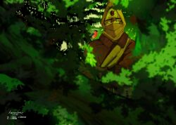  1boy animal_on_shoulder belt bird bird_on_shoulder blurry blurry_foreground brown_hair commentary covered_mouth crossed_arms english_commentary golden_kamuy green_eyes hair_between_eyes hat looking_at_animal male_focus naruysae outdoors signature vasily_(golden_kamuy) 