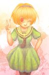  blonde_hair higurashi_no_naku_koro_ni houjou_satoko pantyhose red_eyes sailor_dress v wink 