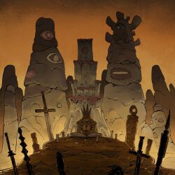  1boy book candle crown fantasy highres long_sleeves looking_down migamigami open_book original outdoors pants pillar_(landform) planted planted_sword prince reading rock shirt sitting sword throne totem weapon 