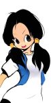  :d black_eyes black_hair dragon_ball dragon_ball_z dragonball dragonball_z hair_tubes long_hair okera open_mouth simple_background smile solo twintails videl white_background 