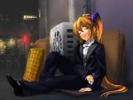  1girl alternate_costume bar bow box cardboard_box closed_eyes dress_shirt eyebrows formal long_hair magu_(mugsfc) necktie shirt side_ponytail sitting solo_focus suit vocaloid 