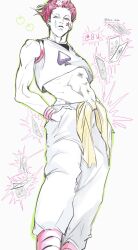  1boy card clown crop_top daz_dose facepaint facial_mark full_body hair_slicked_back highres hisoka_morow hunter_x_hunter looking_at_viewer male_focus muscular muscular_male pants partially_colored pink_hair sash shirt short_hair simple_background sleeveless solo standing star_(symbol) star_facial_mark teardrop_facial_mark white_background white_pants white_shirt yellow_eyes yellow_sash 