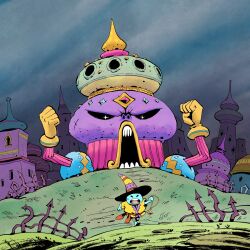  1other blue_skin building cityscape clenched_hands colored_skin fantasy fence gem grass highres iron_fence jewelry migamigami necklace on_grass original outdoors pendant pointy_hat rock running sky star-shaped_pupils star_(symbol) striped_clothes sweatdrop symbol-shaped_pupils 