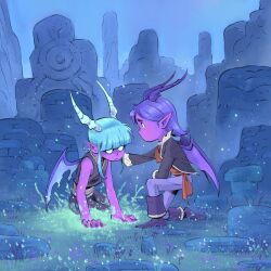  2others blue_background blunt_bangs boots demon_horns demon_wings fantasy highres horns jacket migamigami multiple_others on_grass on_ground on_one_knee original outdoors pants plant pointy_ears short_hair sleeveless wings 