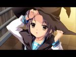  1girl arms_up brown_eyes cape from_above letterboxed nagato_yuki purple_hair school_uniform short_hair solo suzumiya_haruhi_no_yuuutsu wallpaper witch 