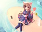  brown_hair fish japanese_clothes pink_eyes thigh-highs thighhighs water 