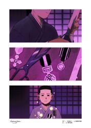  1boy black_eyes black_hair closed_mouth cutting expressionless fingernails golden_kamuy highres holding holding_scissors japanese_clothes long_sleeves male_focus medal naruysae ogata_hyakunosuke purple_theme scissors short_hair signature 