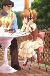  1girl absurdres bose brown_hair chair closed_eyes digital_media_player eretto father_and_daughter headphones highres ipod original red_shoes ribbon skirt smile sweater_vest 
