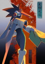  1boy black_bodysuit black_hair bodysuit covered_mouth cowboy_shot double_soul_(mega_man) green_bodysuit green_eyes grey_background hand_fan highres horns male_focus mask mega_man_(series) mega_man_battle_network_(series) mega_man_battle_network_6 megaman.exe mouth_mask netnavi single_horn solo tenguman.exe to_i_to_io 