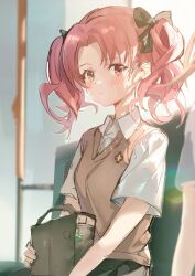  2girls absurdres bag_charm bag_on_lap black_bow blush bow brown_eyes brown_hair brown_sweater_vest charm_(object) collared_shirt commentary_request gekota grey_skirt guzangnanfeng hair_bow highres long_hair looking_at_another misaka_mikoto multiple_girls pleated_skirt school_emblem school_uniform shirai_kuroko shirt short_sleeves skirt solo_focus summer_uniform sweater_vest toaru_kagaku_no_railgun toaru_majutsu_no_index tokiwadai_school_uniform train_interior twintails v-neck white_shirt 