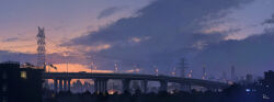 building cityscape clouds cloudy_sky dusk lamppost mangshuo no_humans orange_sky original outdoors overpass power_lines scenery signature sky transmission_tower 