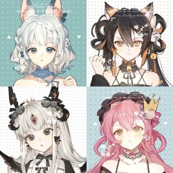  4girls anchor_earrings animal_ear_fluff animal_ear_piercing animal_ears apple_hair_ornament bad_id bad_weibo_id bare_shoulders bell bell_earrings belt belt_buckle black_bow black_bowtie black_eyes black_horns black_jacket black_wings blue_collar blue_ribbon blunt_bangs bow bow_earrings bowtie braid brown_eyes brown_hair brown_pupils buckle chest_belt closed_mouth clothes_writing clothing_cutout collar collarbone commission criss-cross_straps crown_hair_ornament demon_horns detached_collar determined dot_nose earrings expressionless eyelashes eyeshadow feathered_wings food-themed_hair_ornament fox_ears frilled_collar frilled_hairband frills frown grey_belt grey_collar grey_eyes grey_ribbon hair_between_eyes hair_bobbles hair_bow hair_ornament hair_rings hairband hand_up heterochromia heyi_beicha highres horns jacket jewelry light_blush lips long_hair long_sleeves looking_at_viewer makeup mini_wings mismatched_pupils mole mole_under_each_eye mole_under_eye multicolored_hair multiple_braids multiple_girls multiple_moles neck_bell neck_ribbon orange_hair original parted_lips pink_bow pink_bowtie pink_eyeshadow pink_hair pink_hairband pom_pom_(clothes) pom_pom_hair_ornament rabbit_ears ribbon ribbon_earrings shirt shoulder_cutout sidelocks single_earring single_stripe streaked_hair striped_bow tassel tassel_earrings twintails upper_body v-shaped_eyebrows white_bow white_collar white_hair white_shirt wings yellow_eyes yellow_pupils 