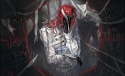  1boy absurdres aleph_(reverse:1999) black_background black_gloves covered_face covering_face english_text gloves hacksaw hand_on_own_face hand_up hashtag-only_commentary head_down highres jacket long_hair male_focus qiao_yanyan red_hair reverse:1999 saw scalpel solo upper_body white_jacket 