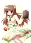  apple apples brown_hair drink fang food fruit holding holding_fruit holo long_hair red_eyes six_alchemy spice_and_wolf tail tekehiro wolf_ears 