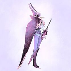  1boy blue_shirt boots bow cape highres knee_boots knight long_sleeves migamigami original pants purple_background purple_pants sheath sheathed shirt simple_background solo solo_focus sword weapon 