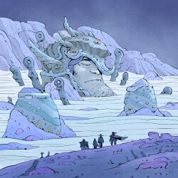  4others armor blue_theme cape closed_eyes closed_mouth fantasy from_behind hat helmet highres migamigami multiple_others on_ground original outdoors pants river rock scenery sky water wide_shot 