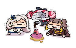  3girls :i aged_up anniversary anya_melfissa anya_melfissa_(1st_costume) arm_behind_back arms_behind_back barefoot black_bow black_dress black_sleeves blue_dress bow bowtie cake candle cane center-flap_bangs chibi chibi_only closed_eyes closed_mouth clothing_cutout colored_skin commentary detached_sleeves double_bun dress english_commentary feather_hair_ornament feathers food frilled_sleeves frills grey_skin hair_bow hair_bun hair_ornament highres holding holding_cane hololive hololive_indonesia holoro keenbiscuit kureiji_ollie kureiji_ollie_(1st_costume) long_hair multicolored_dress multicolored_hair multiple_girls navel navel_cutout number_candle old old_woman open_mouth pavolia_reine pavolia_reine_(1st_costume) ponytail red_bow red_bowtie shadow side_ponytail sidelocks simple_background smile trembling very_long_hair virtual_youtuber wavy_hair white_background white_dress wrinkled_skin zombie 