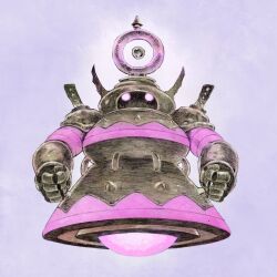  1other armor clenched_hands fake_horns floating glowing glowing_eyes headpiece helmet highres horned_helmet horns migamigami original purple_background robot simple_background 