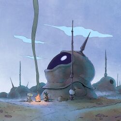  2others androgynous clouds commentary fantasy from_side full_body helmet highres holding holding_polearm holding_weapon lance migamigami multiple_others original polearm rock scenery sky smoke weapon wide_shot 