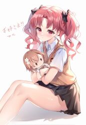  1girl black_bow black_skirt bow brown_eyes brown_hair brown_sweater_vest character_doll collared_shirt crossed_arms guzangnanfeng hair_bow highres knees_up long_hair looking_at_viewer miniskirt misaka_mikoto pleated_skirt school_emblem school_uniform shirai_kuroko shirt short_sleeves simple_background sitting skirt solo summer_uniform sweater_vest toaru_kagaku_no_railgun toaru_majutsu_no_index tokiwadai_school_uniform translation_request twintails v-neck white_shirt 