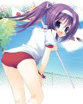  blue_eyes buruma gym_uniform headband long_hair looking_back ponytail purple_hair sazaki_ichiri 