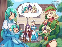  6+girls absurdres ahoge amyhiyori apron aqua_hair araga_kiwi artist_name baby blue_sky bow chair clouds commentary commission corset crossed_legs day elbow_gloves forward_facing_horns gloves hair_bow hat heart highres hiiragi_utena holding_baby house if_they_mated imagining leoparde_(mahou_shoujo_ni_akogarete) long_hair magia_azure magia_baiser magical_girl mahou_shoujo_ni_akogarete military_hat military_uniform minakami_sayo morino_korisu mother_and_daughter multiple_girls nero_alice open_mouth outdoors pasties pillow purple_hair red_eyes science_babies sitting sky sleeping smile spanish_commentary star_(symbol) star_pasties tree under_covers yuri 