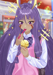  1girl absurdres animal_ears blush bow bowtie collared_shirt contemporary dark-skinned_female dark_skin earrings eating facepaint facial_mark fate/grand_order fate_(series) food highres holding holding_food holding_spoon hoop_earrings ice_cream jackal_ears jewelry light_blush long_hair long_sleeves nitocris_(fate) purple_hair shirt sidelocks spoon sweater_vest violet_eyes yuritoame 