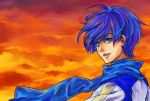  bad_id blue_eyes blue_hair higi_(pixiv) kaito male scarf short_hair sky smile solo vocaloid 