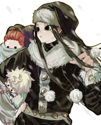 1boy bag black_eyes black_hair black_hat black_jacket character_doll fur_trim hat highres hisoka_morow holding holding_bag hunter_x_hunter illumi_zoldyck jacket killua_zoldyck long_hair long_sleeves looking_to_the_side male_focus pom_pom_(clothes) santa_hat simple_background snowing solo standing upper_body white_background ziyuuuuuuda
