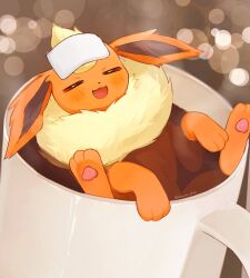  animal_focus blush closed_eyes coffee coffee_mug commentary_request cup fangs flareon hokaimo_pkmn lying mug no_humans pokemon pokemon_(creature) smile steam twitter_username 