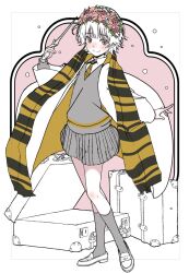  black_necktie black_scarf black_trim blush border breasts brown_eyes cloak closed_mouth collared_shirt commentary diagonal-striped_clothes diagonal-striped_necktie dress_shirt floating_cape floating_clothes flower full_body grey_skirt grey_socks grey_sweater hair_flower hair_ornament hand_up harry_potter_(series) head_wreath heel_up highres holding holding_wand hufflepuff kneehighs loafers long_sleeves looking_at_viewer necktie niea nose_blush outstretched_arms parody partially_colored pink_background pink_flower pleated_skirt scarf school_uniform shirt shoes short_hair skirt small_breasts smile socks squeans standing striped_clothes striped_scarf suitcase sweater sweater_vest toaru_kagaku_no_railgun toaru_majutsu_no_index trim_marks two-sided_cloak two-sided_fabric uiharu_kazari v-neck wand white_background white_border white_hair white_shirt wizarding_world yellow_cloak yellow_necktie yellow_scarf yellow_trim 
