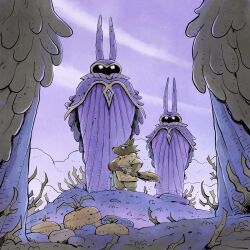  1boy carrot commentary fang fantasy from_side furry hand_on_sheath highres holding jewelry migamigami necklace on_ground original plant purple_sky sheath sheathed sky standing sword toon_(style) weapon wolf_boy 