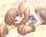  animal_ears blue_eyes bob_cut breasts brown_hair chrono_cross cleavage cleavage_cutout fur janice leotard lowres lying on_side pantyhose paws short_hair smile solo tail 