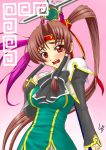  blush breasts brown_hair double_vertical_stripe embarrassed hair_ornament headband impossible_clothes impossible_shirt koihime_musou lb long_hair open_mouth ponytail red_eyes ribbon shirt solo very_long_hair 