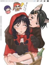  4girls :d alternate_hairstyle animal_costume animal_ear_fluff animal_ear_hairband animal_ears arms_up art_program_in_frame basket behind_another big_bad_wolf big_bad_wolf_(cosplay) black_eyes bow braid brown_hat capelet chibi cosplay director drooling fake_animal_ears flat_cap fujii_ayame futsuu_no_keion-bu grimm's_fairy_tales hair_bow hair_ornament hairband hairpin hand_on_another's_chest hand_on_another's_shoulder hat hatono_chihiro heartbreak_(futsuu_no_keion-bu) highres holding holding_basket hood hood_up hooded_capelet hoodie kouyama_rin kusakabe_(kskb_e) little_red_riding_hood little_red_riding_hood_(grimm) little_red_riding_hood_(grimm)_(cosplay) long_hair looking_at_another megaphone multiple_girls nervous_sweating parted_bangs picnic_basket pink_hoodie pixie_cut procreate_(software) puff_of_air purple_hair red_bow red_capelet red_hood sanpaku short_hair simple_background smile sunglasses sweat translation_request twin_braids twintails uchida_momo white_background wolf_costume wolf_ears wolf_paws 