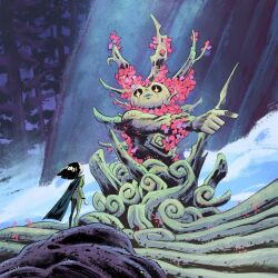  1boy black_hair blue_lips cape fantasy full_body green_cape highres looking_at_another migamigami monster nature on_rock original outdoors pants plant pointing rock snow star-shaped_pupils star_(symbol) symbol-shaped_pupils toon_(style) 