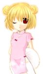  :o arms_behind arms_behind_back blonde_hair bow bows china_dress chinadress chinese_clothes double_bun double_buns hair_buns higurashi_no_naku_koro_ni houjou_satoko red_eyes short_hair simple_background standing thigh-highs thighhighs tray white_background wink 
