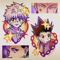  4boys bandage_on_face bandages chrollo_lucilfer csmbtc facial_mark gon_freecss highres hisoka_morow hunter_x_hunter killua_zoldyck male_focus multiple_boys pink_eyes red_eyes sparkle spiky_hair star_(symbol) star_facial_mark teardrop_facial_mark tongue tongue_out yellow_eyes zipper_pull_tab 