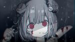  1girl bangs blood blood_on_face blurry blurry_background deyui double_bun english_commentary eyebrows_visible_through_hair hair_ornament highres holding holding_knife hololive knife looking_at_viewer monochrome rain red_eyes skull_hair_ornament solo uruha_rushia virtual_youtuber water_drop 