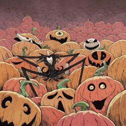  1boy commentary disembodied_head evil_smile formal_clothes halloween highres jack-o&#039;-lantern jack_skellington jacket legs_apart long_legs long_sleeves migamigami open_mouth pants pinstripe_pattern pinstripe_suit pumpkin skeleton skull smile striped_clothes suit the_nightmare_before_christmas toon_(style) zero_(nbc) 