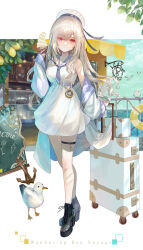  1girl anchor_earrings animal awning bare_shoulders beret bird black_shoes blue_nails blue_sailor_collar blue_sky breasts closed_mouth clouds cloudy_sky commentary_request day dress earrings food grey_hair hat high_heels highres holding holding_food horizon ice_cream ice_cream_cone ito_lab jacket jewelry lifebuoy long_hair long_sleeves looking_to_the_side medium_breasts menu_board nail_polish ocean off_shoulder open_clothes open_jacket original puffy_long_sleeves puffy_sleeves railing red_eyes rolling_suitcase sailor_collar sailor_dress seagull shoes sky sleeveless sleeveless_dress sleeves_past_wrists soft_serve solo standing suitcase swim_ring very_long_hair water white_dress white_hat white_jacket 