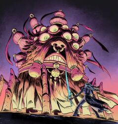  1other battle boss_fight extra_eyes extra_legs fantasy from_behind highres holding holding_sword holding_weapon long_hair migamigami nose_piercing nose_ring original pants piercing ribbon standing sword too_many_eyes weapon 