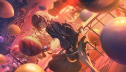  1girl amusement_park animal_print backlighting balloon black_skirt blurry blurry_background bob_cut braid brooch brown_eyes brown_hair butterfly_brooch butterfly_print buttoned_cuffs buttons carousel closed_mouth clouds cloudy_sky collared_shirt colorful_palette cropped_jacket crossed_ankles dark_clouds depth_of_field dot_nose dutch_angle earrings evening facial_hair facing_viewer feet_out_of_frame gem grey_jacket grey_necktie grey_shirt hair_behind_ear half-closed_eyes hand_on_own_leg hand_rest happy highres jacket jewelry juliet_sleeves lace-trimmed_sleeves lace_trim long_skirt long_sleeves looking_down necktie official_alternate_costume official_art on_railing outdoors pleated_skirt project_sekai puffy_sleeves railing red_clouds red_gemstone red_sky roller_coaster shinonome_ena shirt short_hair side_braid single_braid sitting skirt sky smile solo standing sunlight sunset swept_bangs third-party_source too_many too_many_balloons unreliable_notes_(project_sekai) 