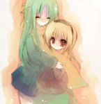  green_hair higurashi_no_naku_koro_ni houjou_satoko hug lowres ou_(swdp) sonozaki_shion sweater 