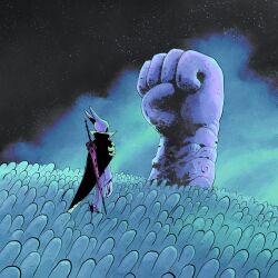  1boy cape clenched_hand clouds fantasy from_behind full_body headpiece highres long_sleeves migamigami nature night night_sky original outdoors sky solo statue sword sword_on_back weapon weapon_on_back wide_shot 